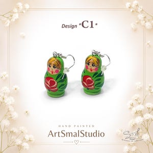Hand-painted green Matryoshka doll earrings with red floral design, miniature Russian nesting doll dangle earrings, folk art jewelry with silver hooks, lightweight handmade wooden earrings by ArtSmalStudio