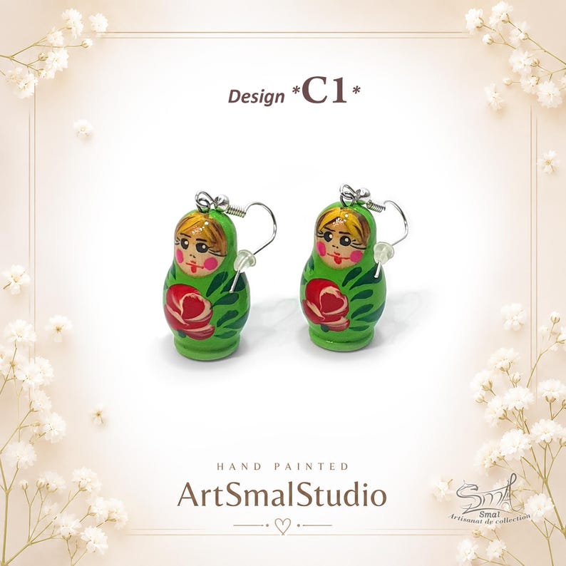 Hand-painted green Matryoshka doll earrings with red floral design, miniature Russian nesting doll dangle earrings, folk art jewelry with silver hooks, lightweight handmade wooden earrings by ArtSmalStudio