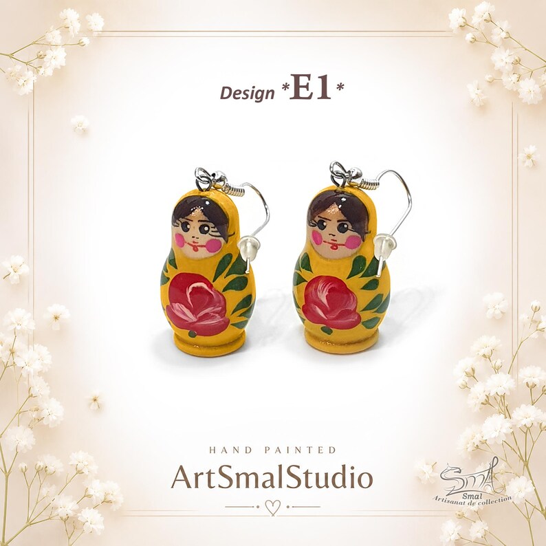 Yellow Matryoshka earrings Design E1, handmade wooden Russian doll earrings with floral rose painting, cute yellow babushka dangle earrings, miniature nesting doll jewelry, lightweight folk art accessory, colorful Slavic style earrings, artisan gift for her by ArtSmalStudio