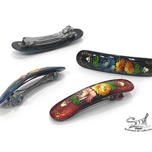 Barrette clip hairpin woman Russian flowers paint varnish paper mache gift girl. Flower Girl Hair Clip. Ref:BX2P4