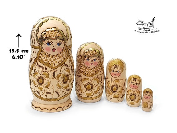 Wood Burnt Matryoshka Russian Nesting Doll With Flowers