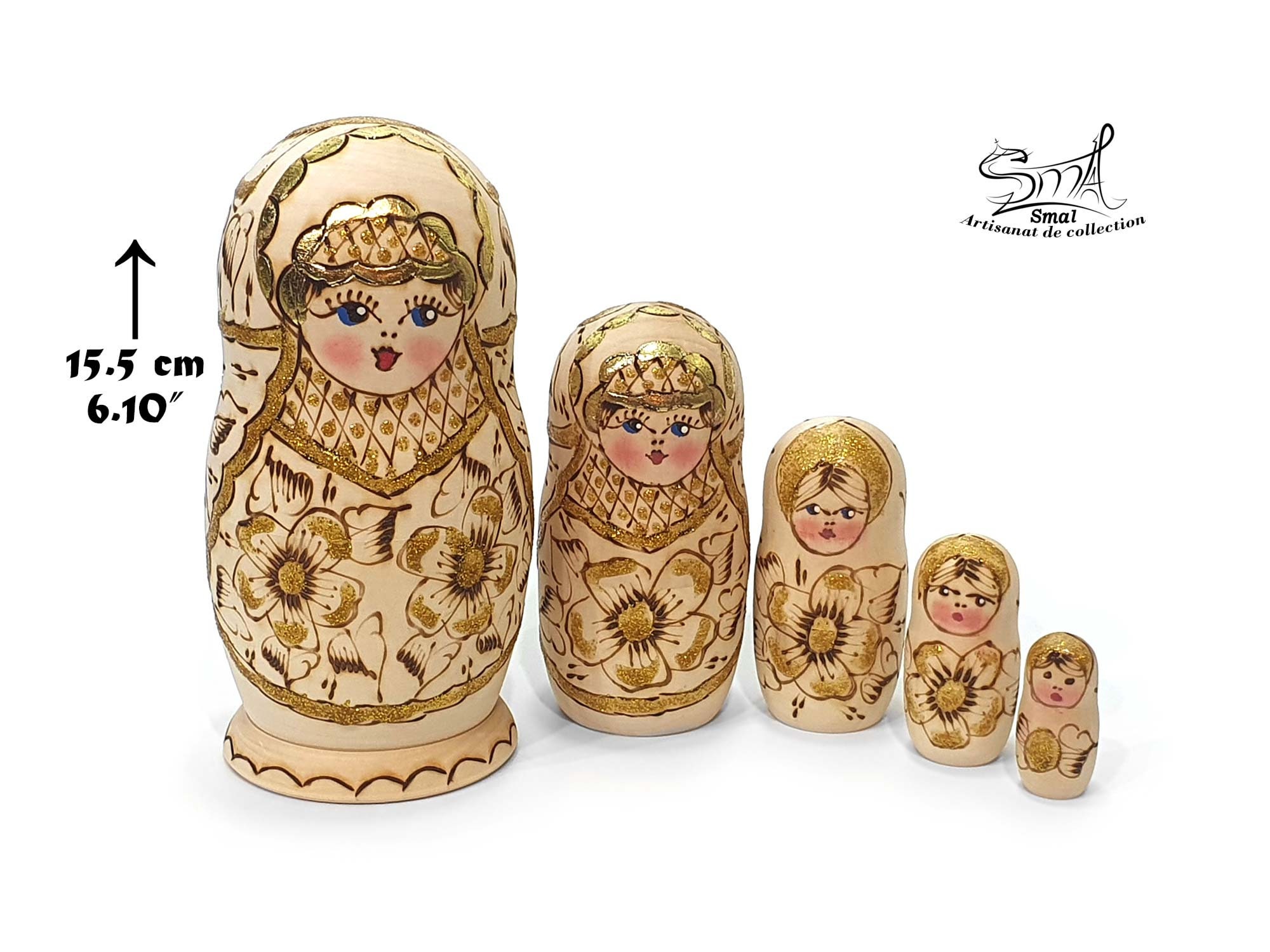 Wood Burnt Matryoshka Russian Nesting Doll With Flowers