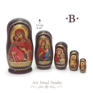 Hand-painted Russian Orthodox nesting doll featuring the Vladimir, Iveron, Kazan and Axion Estin Mother of God icons, set of 5 wooden Matryoshka dolls, 15 cm.