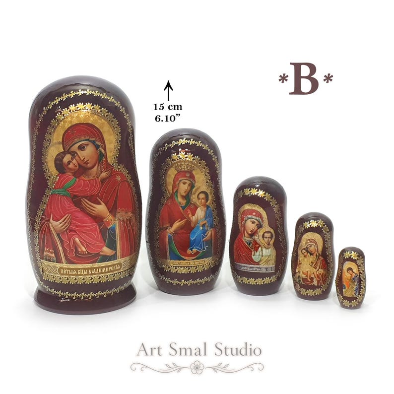 Hand-painted Russian Orthodox nesting doll featuring the Vladimir, Iveron, Kazan and Axion Estin Mother of God icons, set of 5 wooden Matryoshka dolls, 15 cm.