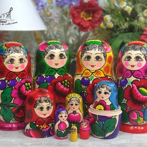 Traditional Russian Nesting Dolls, Hand-Painted 7-Piece Matryoshka Set Floral Folk Art Polkhov-Maidan, Vintage Gift for Collectors Ref:M7M1S