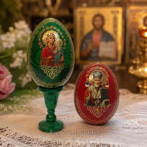 Handcrafted Wooden Orthodox Easter Egg with Icon and Stand, Marble Finish, Christian Easter Gift, Our Lady, Jesus Christ or Saint Nicholas