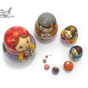 Ensemble complet matriochka russe « Rêves d’Enfance » 10 pièces, 13 cm, toutes les poupées ouvertes, peinture artisanale colorée et décor enfantin