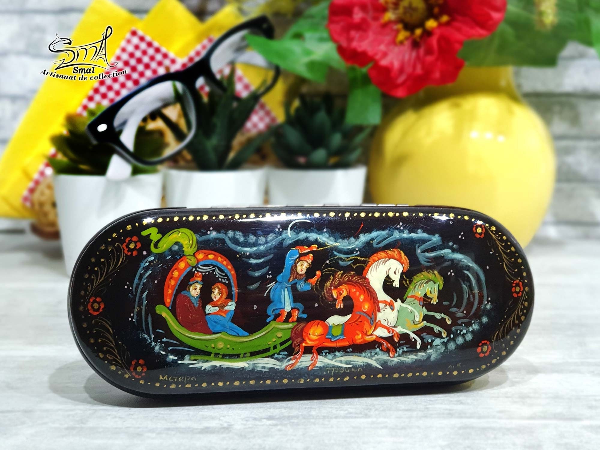Étui à Lunettes Russe Peint Main - Troïka, Motif Conte, Feutré, Semi-rigide