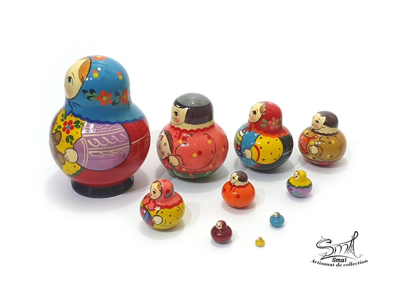 Matryoshka Russian Nesting Dolls, 10 Hand-Painted Pieces Cats, Bears, Babushka, Flowers, Collectible Folk Art Gift for Home Decor
