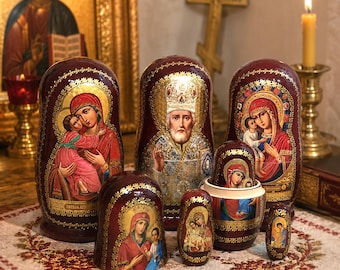 Hand-made Russian Religious Matryoshka Doll with Orthodox Icons – Virgin Mary, Baby Jesus, St Nicholas - Wooden Folk Art Gift. Ref:R5M