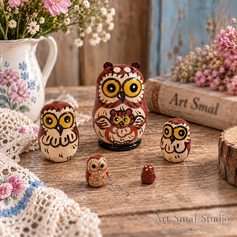 Charming owl nesting doll set with five hand-painted wooden owls in warm brown, cream and golden tones, including one of the world’s smallest matryoshka dolls. Shown on a rustic wooden table with pink and white flowers, a floral pitcher, blue wooden backdrop and Art Smal book