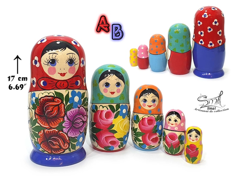 Détail d’une poupée russe gigogne artisanale en bois verni