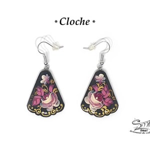Boucles D'oreilles Noires Avec Fleur Rose - Motif Poupées Russes, Peint Main, Neuves Avec étiquettes