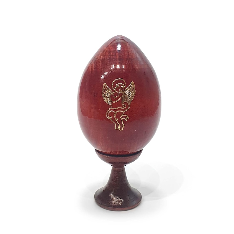 Vue arrière des œufs décoratifs en bois faits main avec motif ange doré, finition vernie brillante, avec support, décoration religieuse pour Noël et Pâques