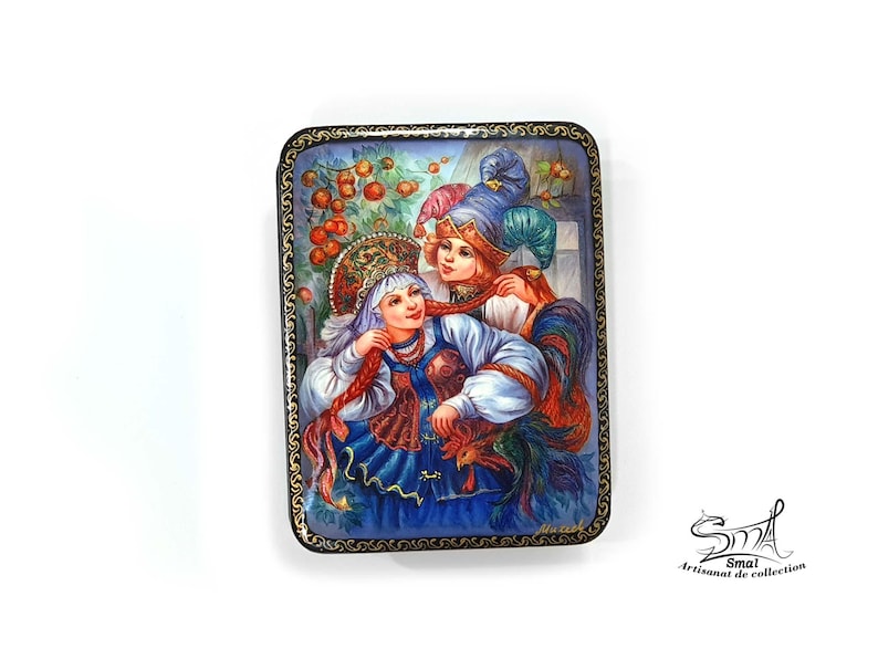 Boîte russe laquée en papier mâché représentant Ivan Tsarévitch, Vassilissa la Belle et l’Oiseau de Feu, art folklorique russe, coffret décoratif vernis brillant avec motif doré peint à la main