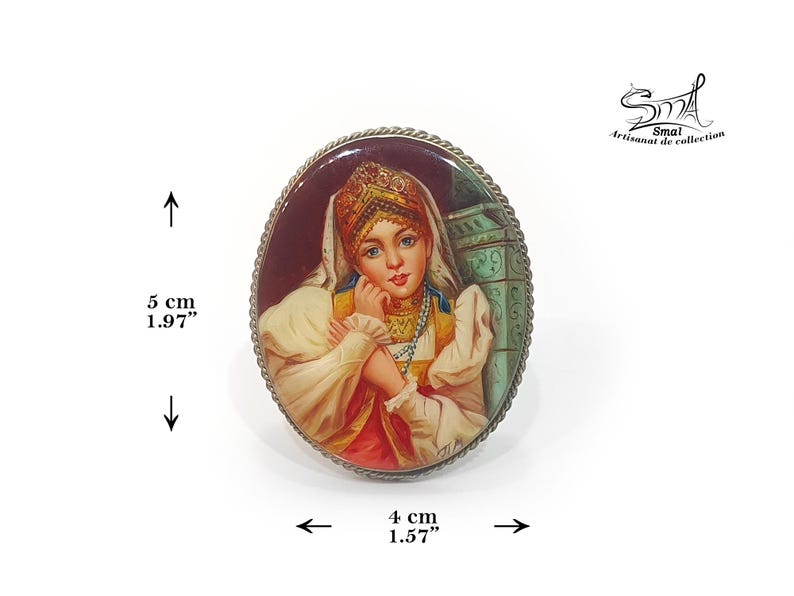 Russian folk art brooch – miniature painting of a traditional woman in costume, handcrafted on real mother-of-pearl.