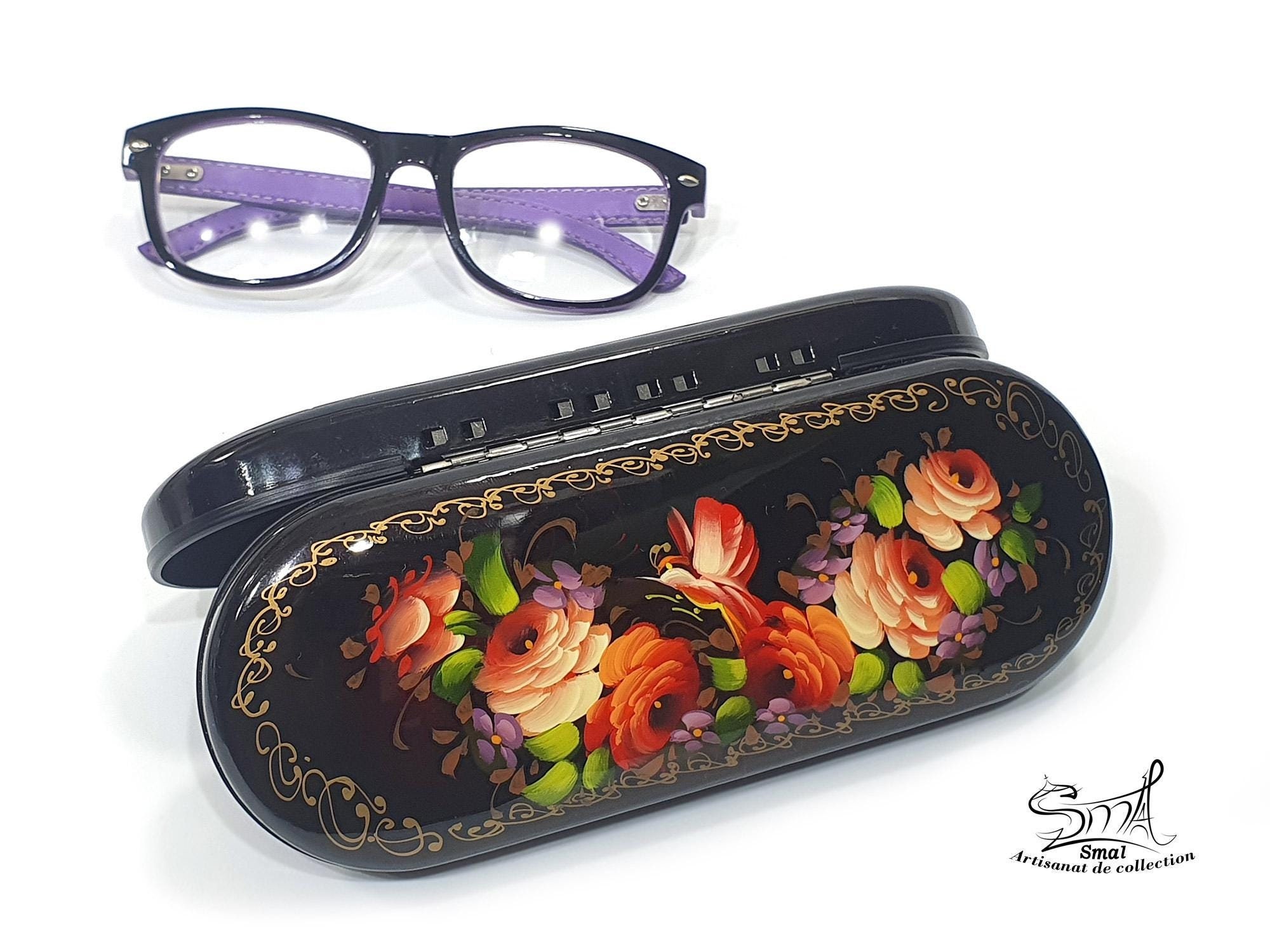 Étui à Lunettes Peint à La Main Style Troïka Russe - Artisanat Russe - Semi-rigide Et Doublé Feutre