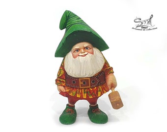 Handmade wooden carved garden Dwarf Gnome Christmas decorations. Wooden sculpture Garden gnome statuette painted Russian doll. Ref:SBN3