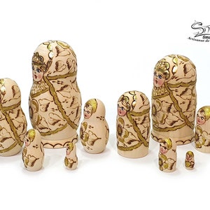 Wood Burned Matryoshka Russian Nesting Dolls flowers. Matryoshka Russian Nesting Doll Traditional Classic Flowers raw wood. Ref:P5P/M/G