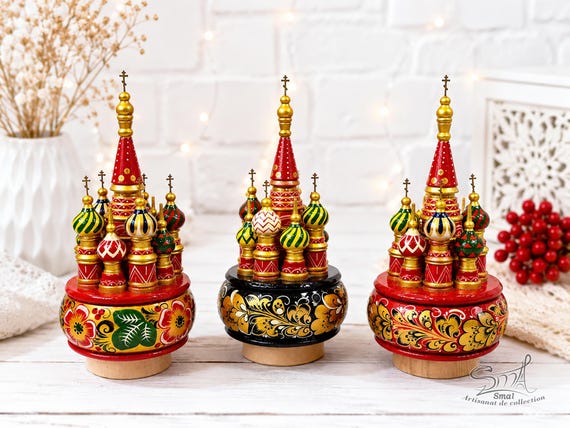 Rotating Music Box, Miniature Russian Church, Hand-painted