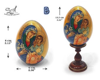 ロシア正教のイースターエッグのイコン、手描きの木製卵、聖母マリアの