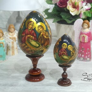 Easter Wooden Egg on a Stand, Nativity Scene, Orthodox Russian Icon, Hand-Painted