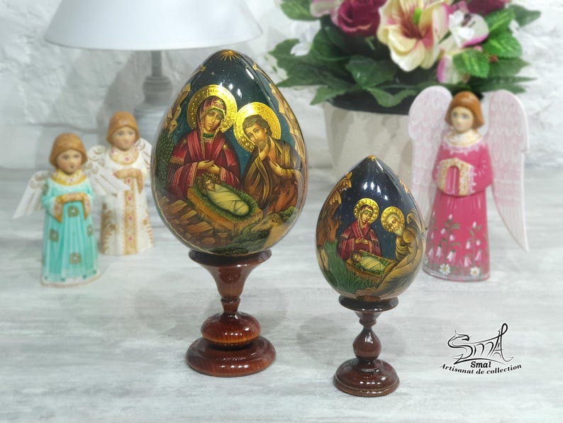 Easter Wooden Egg on a Stand, Nativity Scene, Orthodox Russian Icon, Hand-Painted