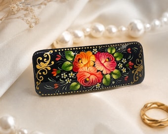 Hand Painted Floral Wooden Hair Barrette - Zhostovo Lacquer Art Hair Clip, Russian Folk Art Accessory, Handmade Gift for Her, 10x4 cm
