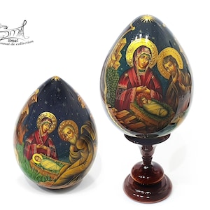 Easter Wooden Egg on a Stand, Nativity Scene, Orthodox Russian Icon, Hand-Painted