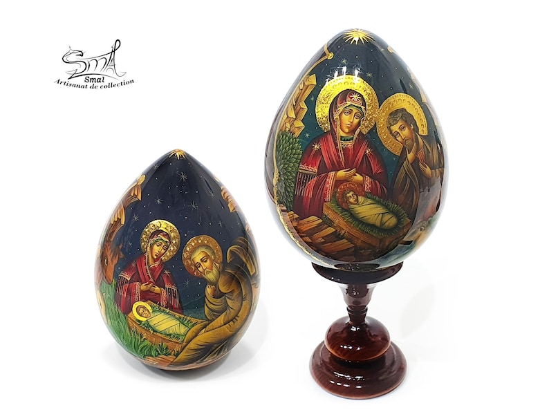 Easter Wooden Egg on a Stand, Nativity Scene, Orthodox Russian Icon, Hand-Painted