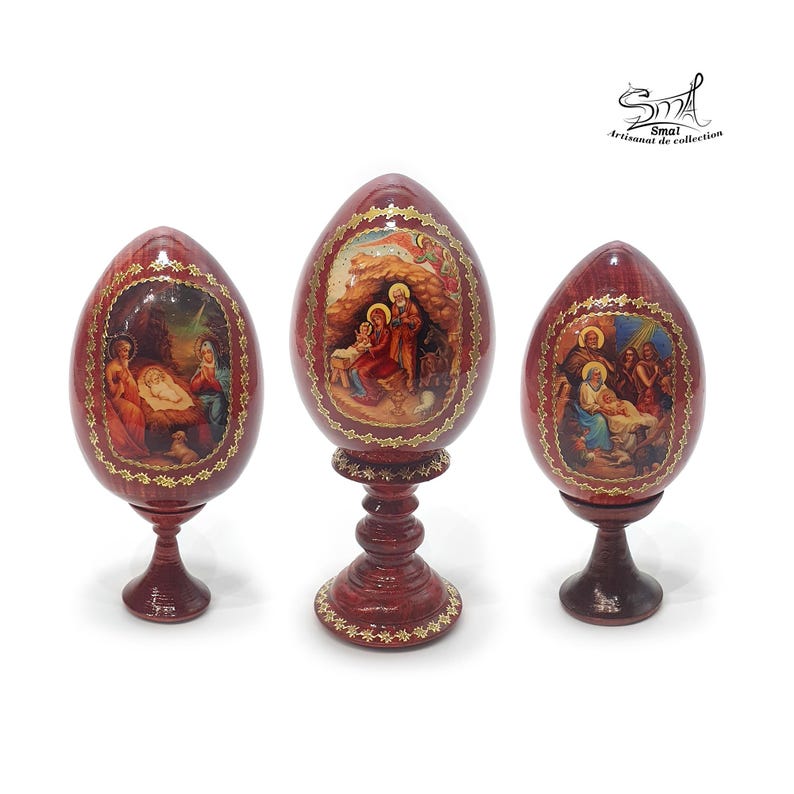 Œufs de Pâques décoratifs russes faits main avec icônes chrétiennes, artisanat en bois peint, décoration religieuse orthodoxe, set d’œufs avec support, cadeau spirituel vintage