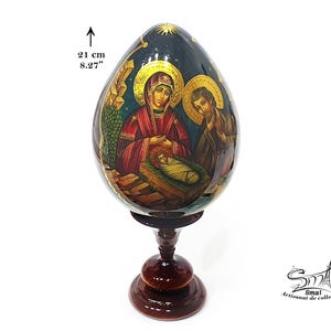 Easter Wooden Egg on a Stand, Nativity Scene, Orthodox Russian Icon, Hand-Painted