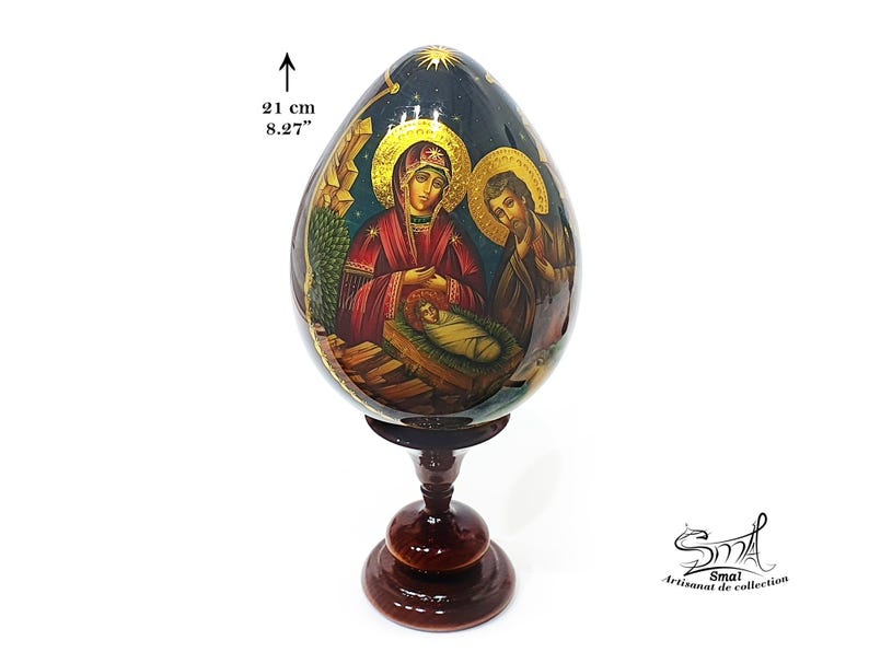 Easter Wooden Egg on a Stand, Nativity Scene, Orthodox Russian Icon, Hand-Painted
