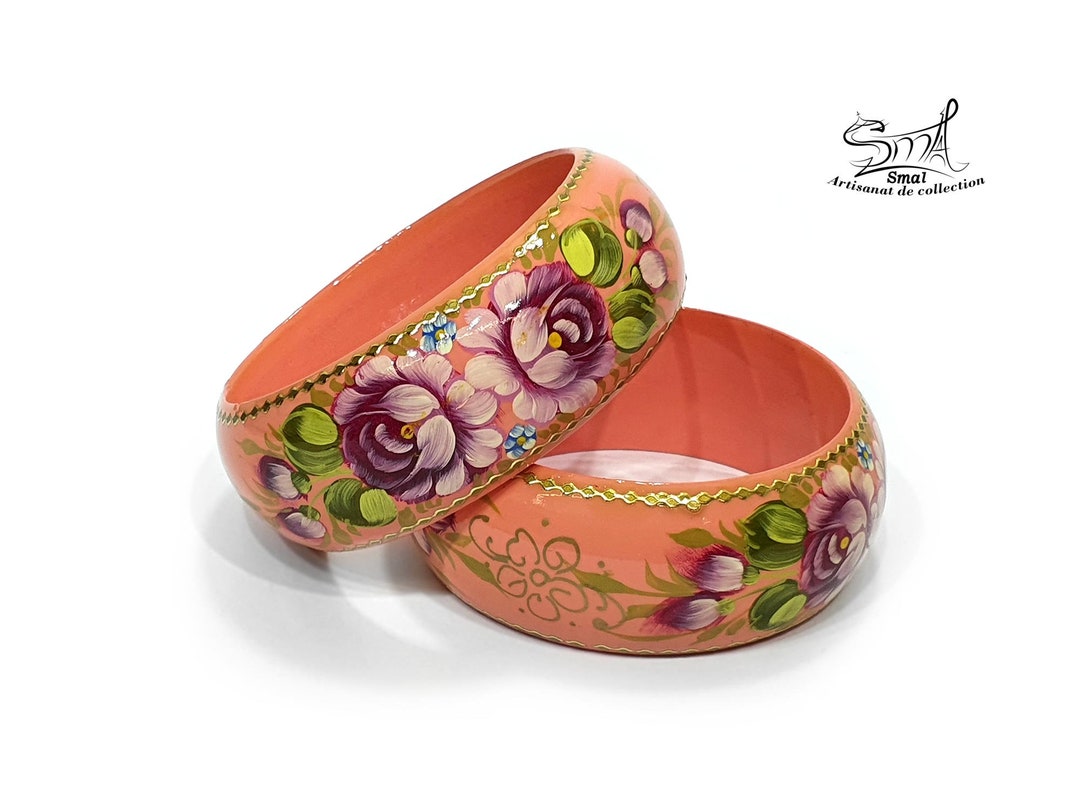 Russian Wooden Bangle Bracelet, Hand-painted Jewelry. Russian