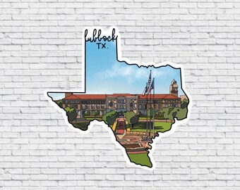 May include: A sticker of the state of Texas with a drawing of a building and the text "Lubbock, TX."