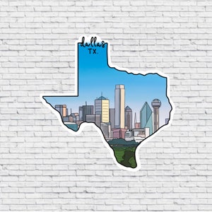 Sticker en magneet van het ontwerp van de skyline van Dallas, Texas | Waterdichte vinylsticker | Dallas magneet