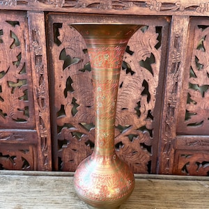 Vintage Bell Shaped Brass Vase Red Highlights Hand Etched Floral India Puja Ceremony Ritual Middle Eastern Altar Offering