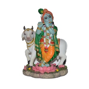 Polyresin Krishna with Cow 10&quot;,Lord krishna statue, lord govinda idol,home decor, lord krishna idol with cow figurine, krishna cow figurine