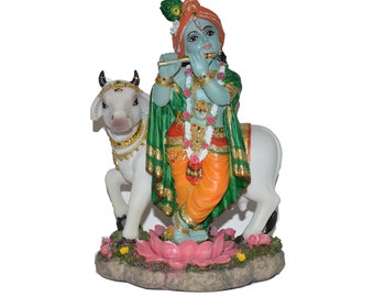 Polyresin Krishna with Cow 10&quot;,Lord krishna statue, lord govinda idol,home decor, lord krishna idol with cow figurine, krishna cow figurine