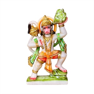 Hanuman marble statue hand made 10.5&quot;/ Bajrangbali statue for office, home temple worship/ Hindu god idol for protection, decor, gift.