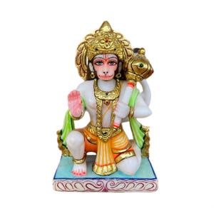 Hanuman Blessing Marble Statue 8.5&quot;/ Bajrangbali Marble Dust Murti for Home Temple/ God Statue for Auspiciousness.