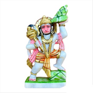 Hanuman Holding Mountain 13&quot; hand made Marble Statue for home temple pooja and gift Hindu God for devotion, protection and gift.