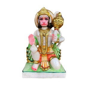 Hanuman blessing Marble dust Statue holding club 12&quot;/ Bajrangbali marble dust murti for home temple/ Hindu God statue for auspiciousness.