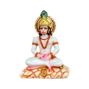 Hanuman Meditating Marble Dust Statue 9&quot;/ India-made Marble Sculpture for Office, Home Temple/ Hindu God for Devotion, Protection and Gift.