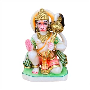 Hanuman blessing Marble Statue holding club 7&quot;/ Bajrangbali marble dust murti for home temple/ Hindu God for devotion and protection.