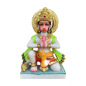 Hanuman folded hands Marble Statue 7.5&quot;/ Bajrangbali marble dust murti for office, home temple/ Hindu God for pooja, protection, Gift.