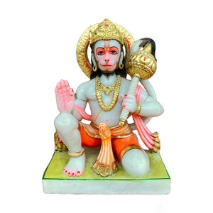 Hanuman blessing hand made marble statue holding club 8&quot;/ Bajrangbali murti for home temple/Hindu God for devotion, protection and gift