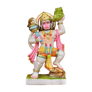 Hanuman Marble dust Statue carrying mountain 21.75&quot;/ Bajrangbali marble dust murti for home temple/ Hindu God for devotion and protection.