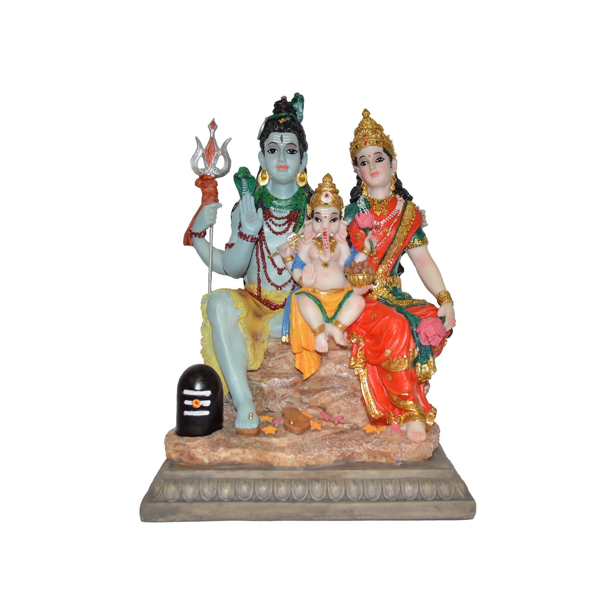 Statue Famille Lord Shiva Parvati Ganesha Sur Sinhasan - Neuf, Résine Multicolore, Thème Religieux