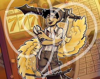 May include: A digital illustration of a person with wings holding a large axe and a pair of pliers. The person is standing on a game board with a slot machine in the background. The slot machine reads "WIN 777". The game board has a chessboard pattern and red chips scattered around it. The text "GET LUCKY!" is written in the upper right corner of the image. The text "Visit dream" is repeated in a grid pattern on the right side of the image.